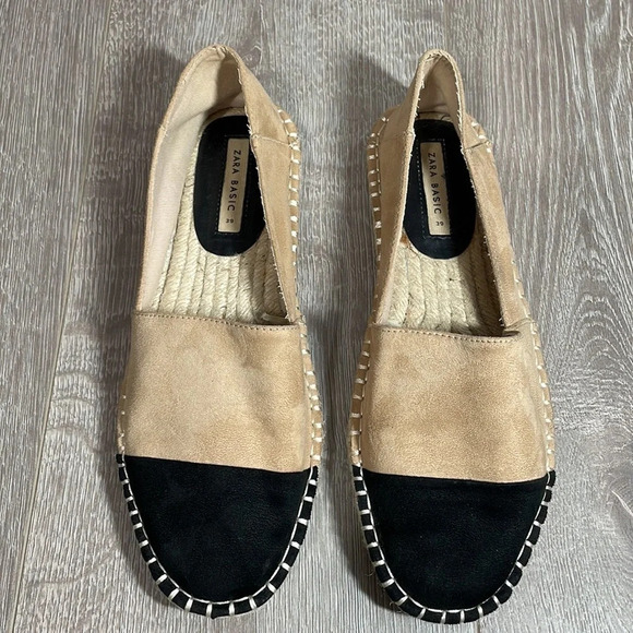 Zara Basic Faux Suede Espadrilles Slip On Flats Black Tan 8.5 (39) - Picture 2 of 13